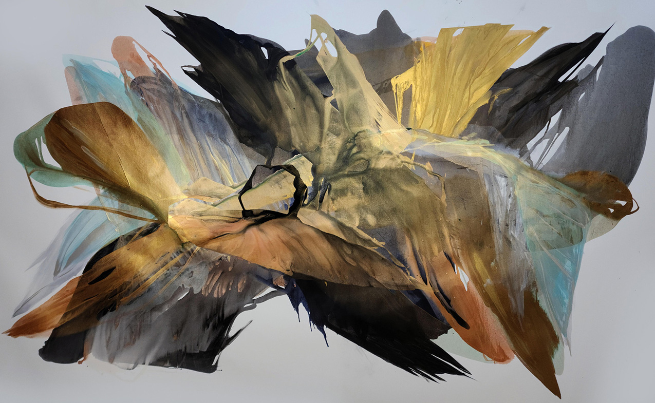 abstract poured painting in browns and golds over a light gray background; the shapes made by the paint invoke movement and fluidity