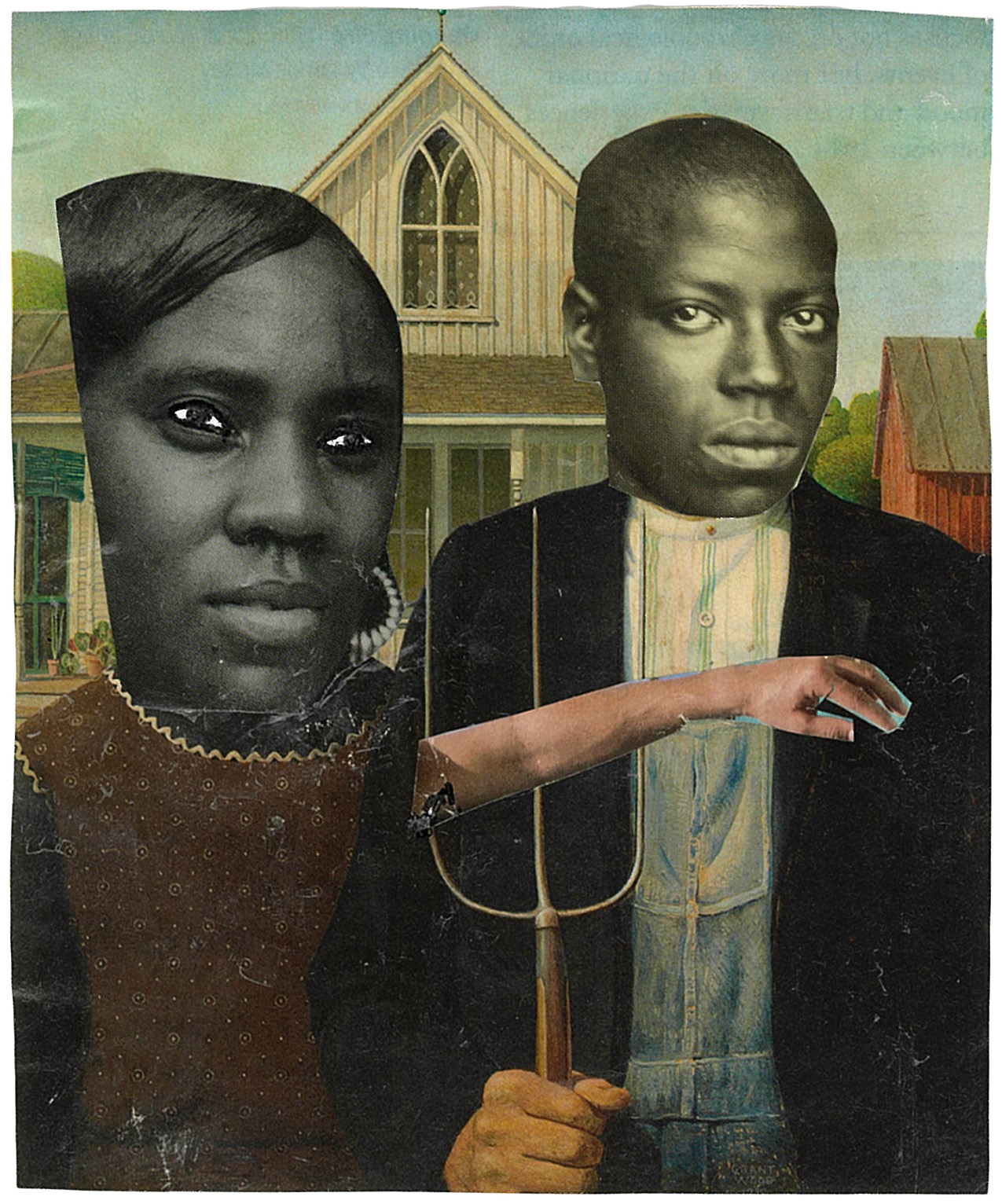 photo collage: American Gothic with the faces replaced by grayscale photos of an African American woman and man, and a white arm on the pitchfork