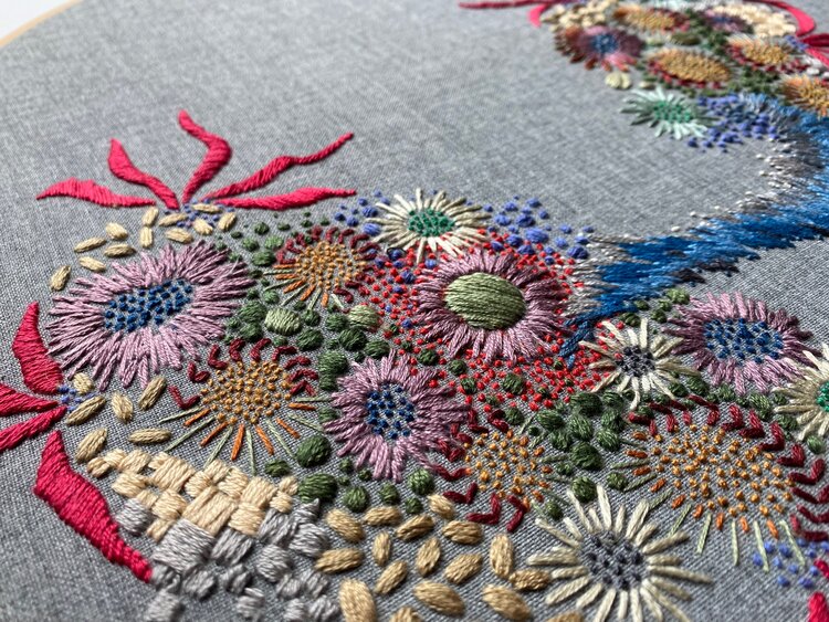 closeup of multicolored embroidery resembling anemones and coral