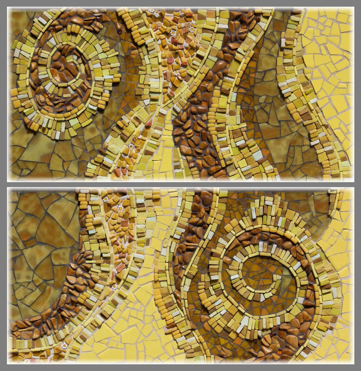 mosaic in shades of yellow and brown dominated by curved shapes and spirals in the upper left and lower right