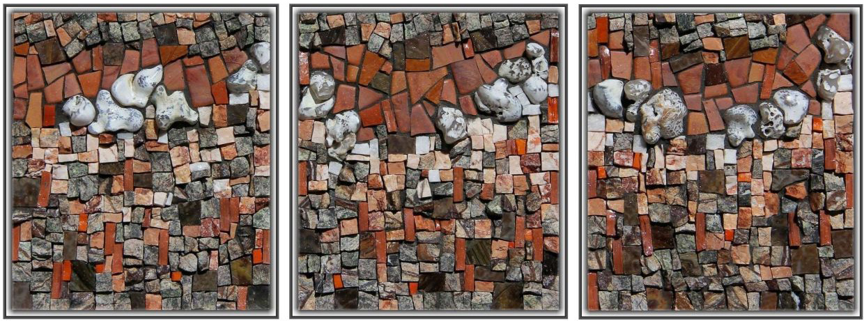 triptych mosaic in gray, brown, and rust colors; rounded white stones contrast with darker rectangular granite