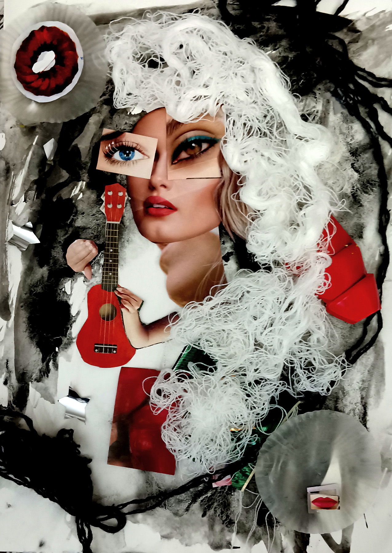 black, white, and red collage featuring a glamorous female face with red lipstick, oversized eyes, and white string in the shape of a hairdo; hands holding a red ukulele, and other elements like black yarn and pastry wrappers on top of a gray and white watercolor background
