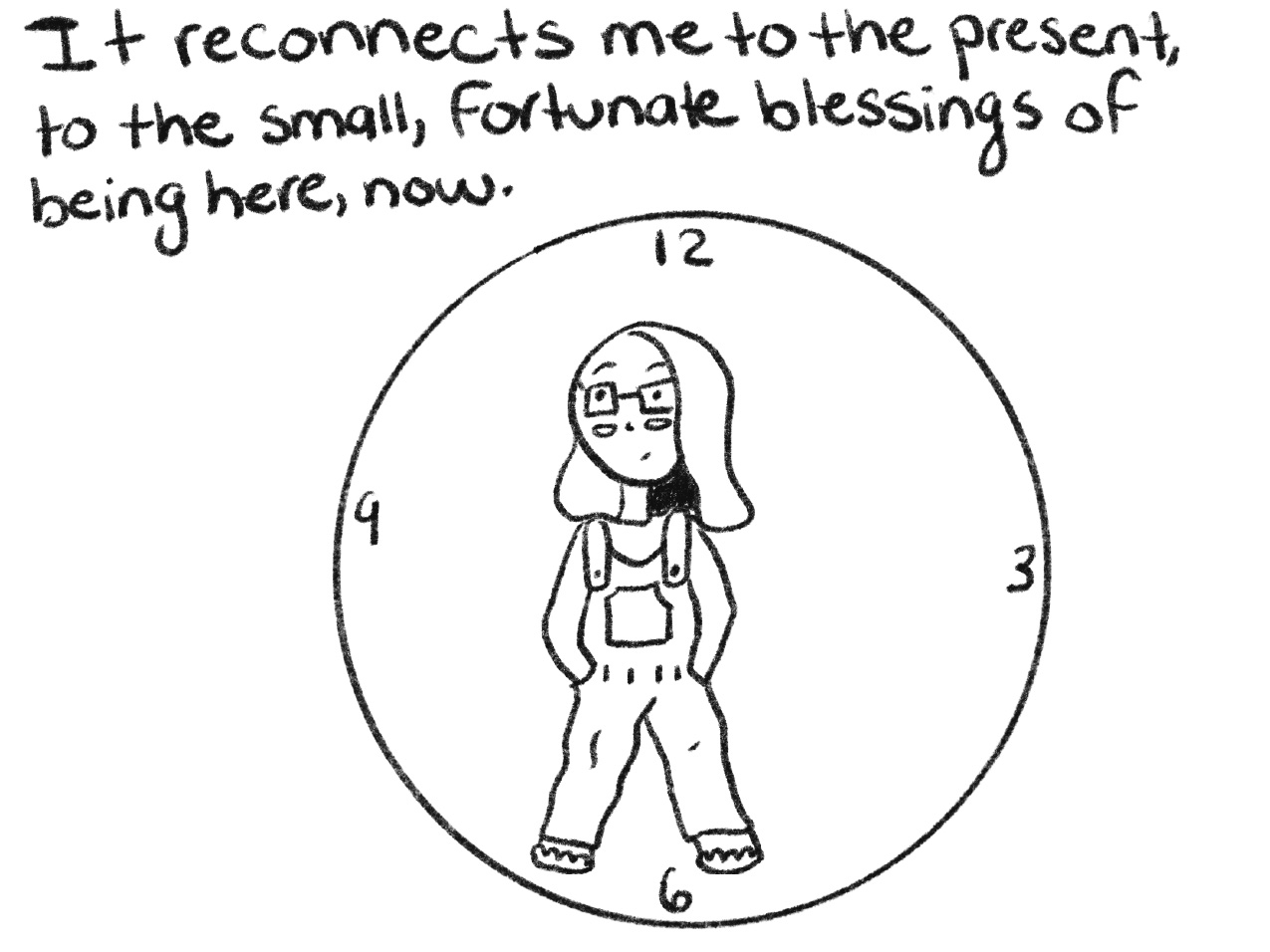 black and white drawing of a woman in overalls with her hands in her pockets framed by a clock face and hand-written text "It reconnects me to the present, to the small, fortunate blessings of being here, now."