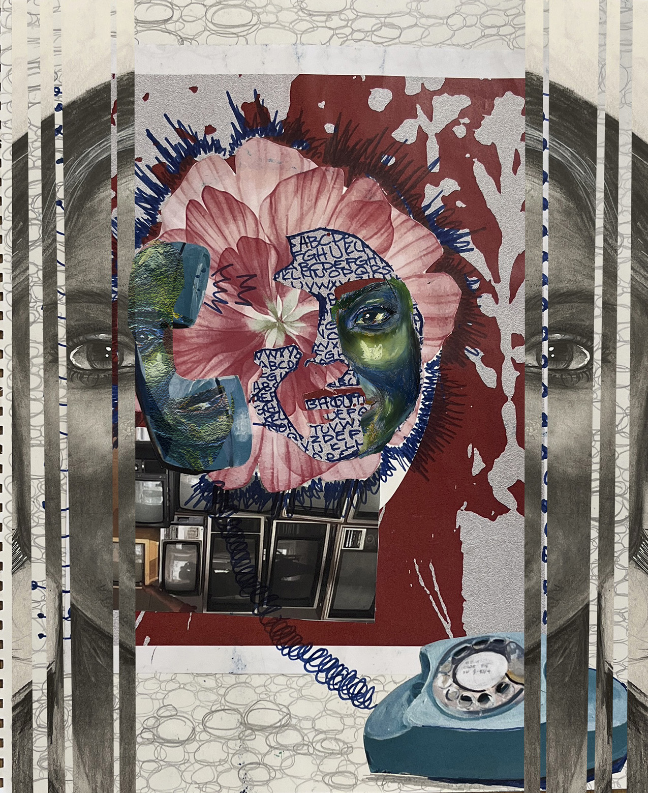 paper collage featuring a central flower, a fragmented face, retro TVs and a rotary phone bookended by a realistic drawing of a young woman split in half