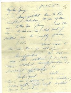 a yellowed piece of paper with sparse cursive handwriting in blue pen. there is ghosted handwriting bleeding through from the back side of the paper