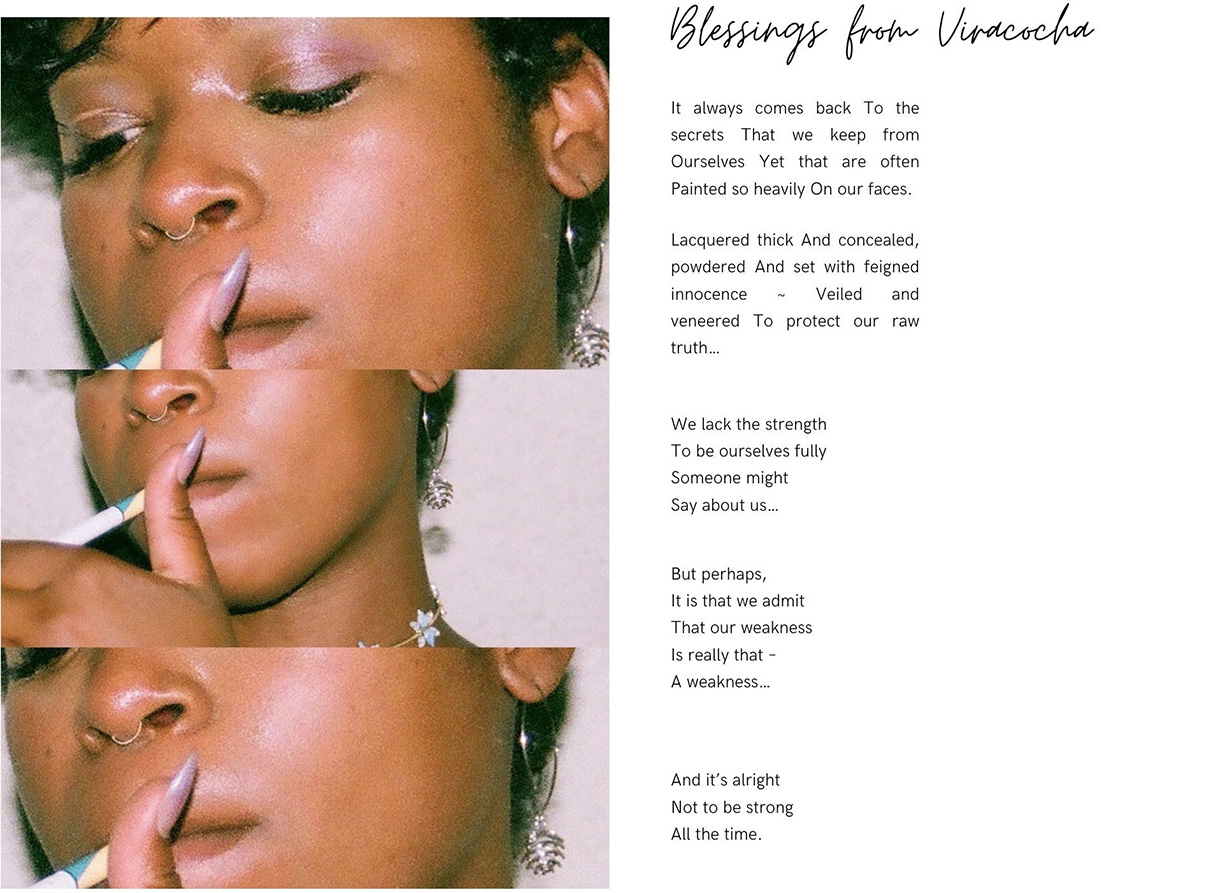left column: three closeups (each with a different crop) of a woman with brown skin lighting a cigarette. right column: a poem, "Blessings from Vinacocha"