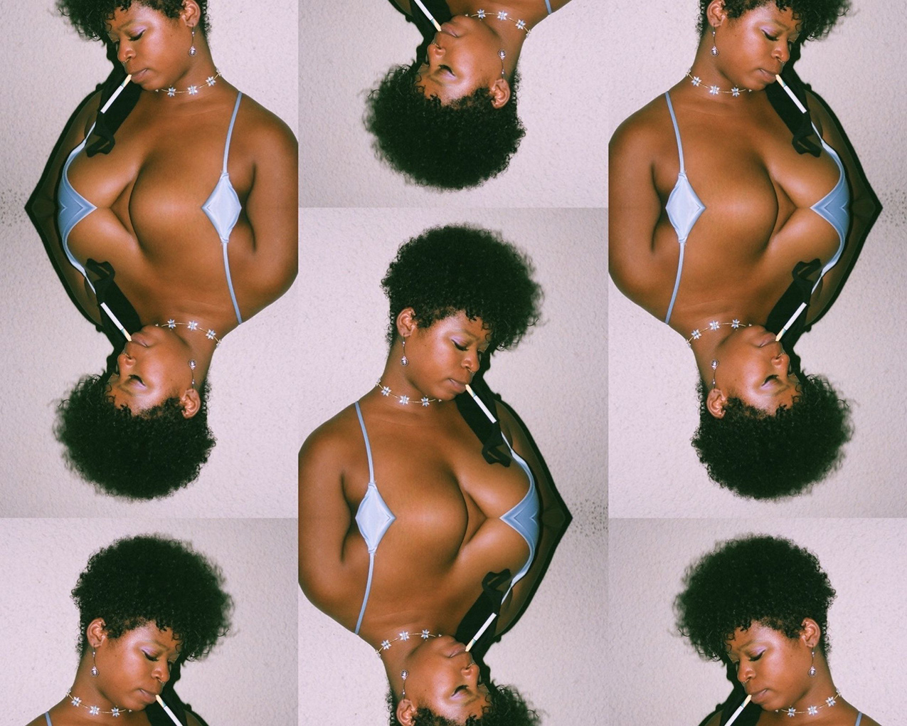 grid of 9 photos, some vertically inverted, create interesting shapes of a black woman's upper body