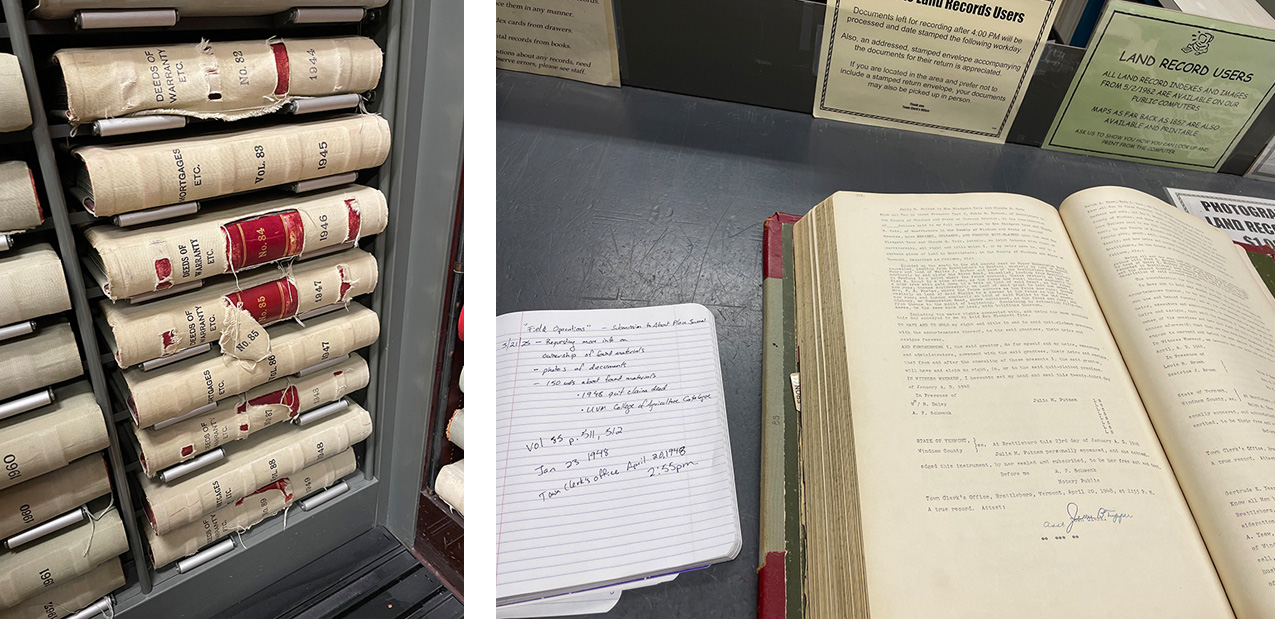 a rack with bound books labeled "Deeds of Warranty Etc." with torn cloth covers from the 1940s; right: one of the books laid open on a countertop next to a notebook with handwritten notes