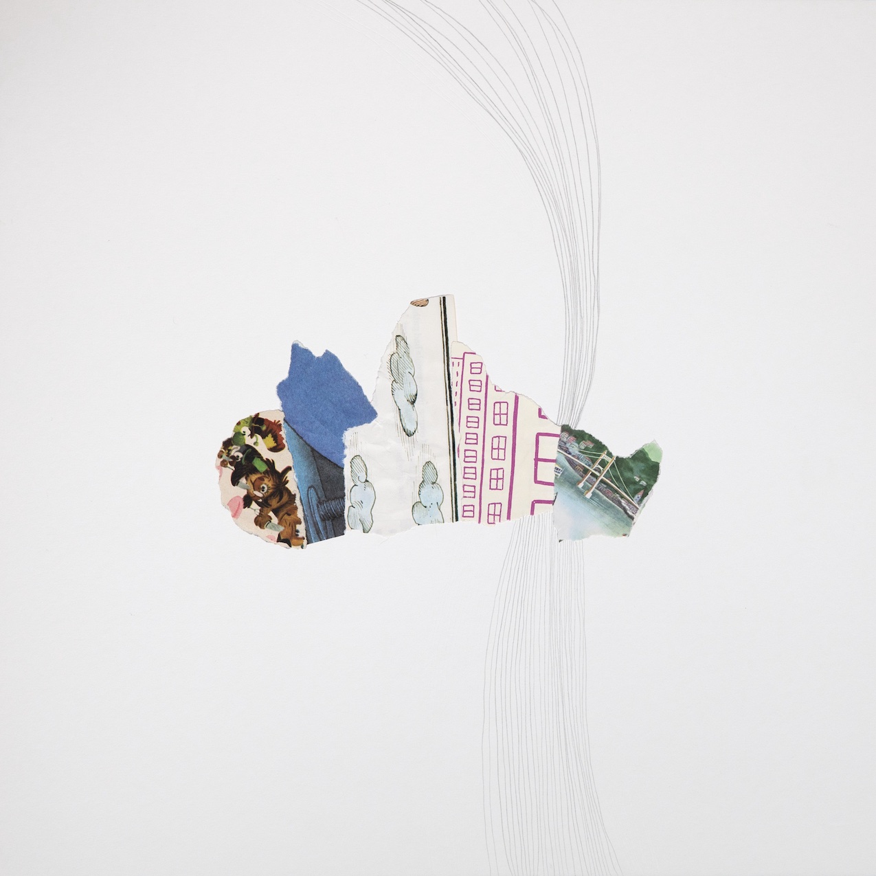 torn pieces of found paper form a cloud-like shape, pencil lines flow across it vertically like a wave