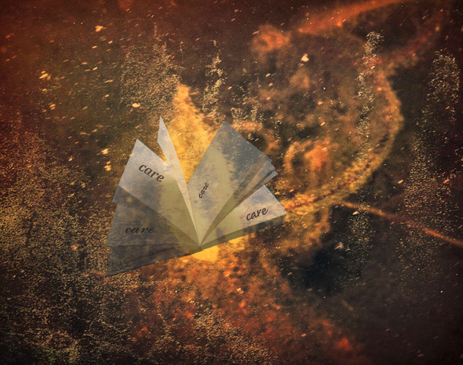 an open book with "care" on the pages over an abstract background reminiscent of sparks thrown by a raging fire