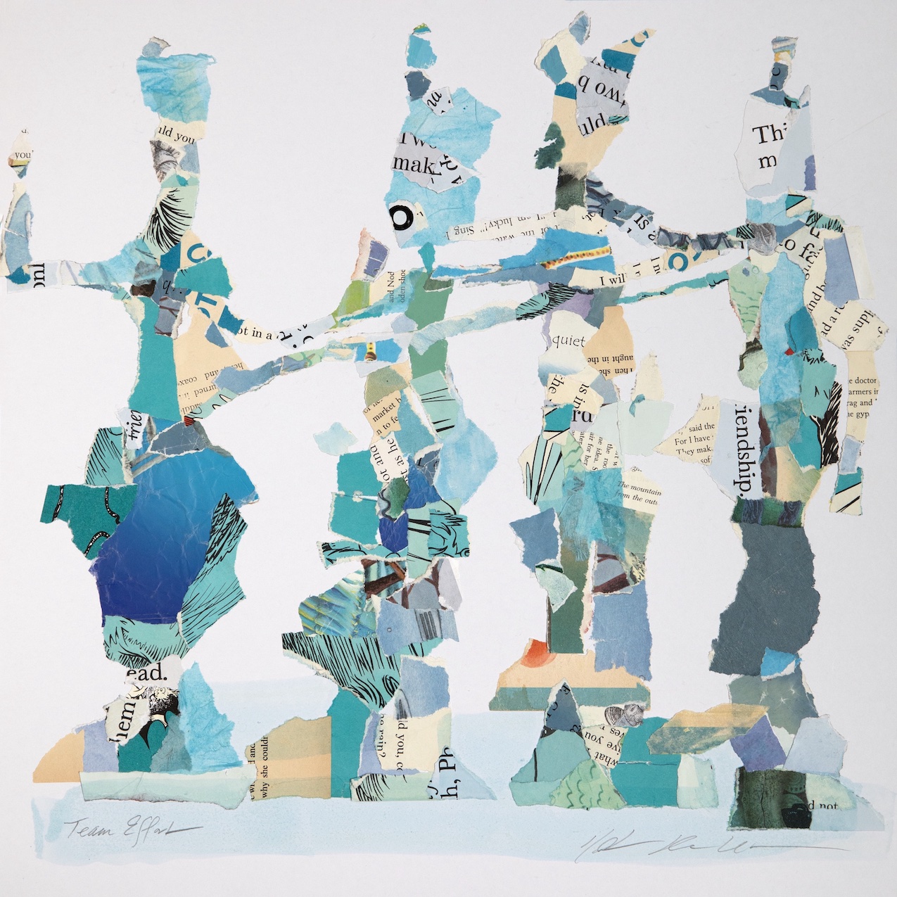 collage of torn paper pieces assembled to represent abstract human figures embracing with their arms