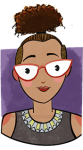 cartoon avatar of a woman of color with her hair up and large red glasses