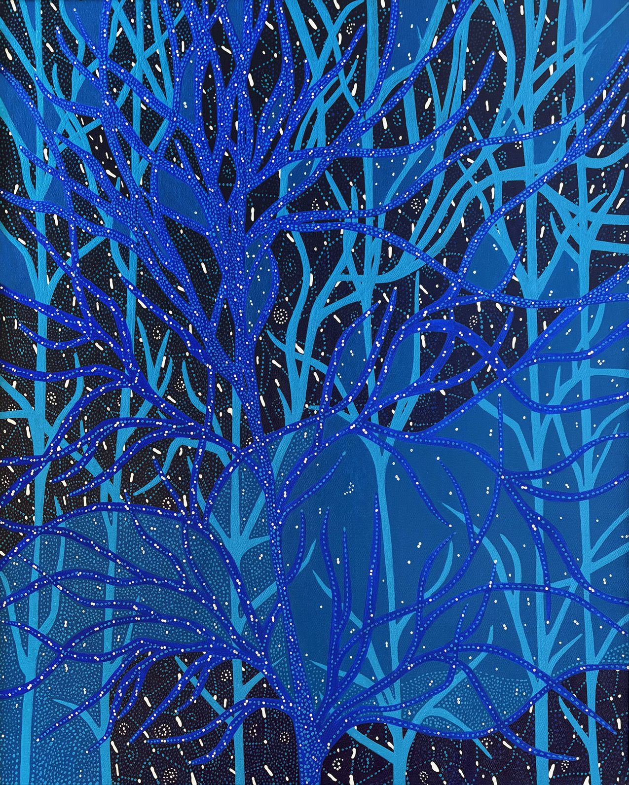 a monochromatic blue painting featuring layers of tree-like or coral-like shapes, with white dots forming additional shapes -- branching, swirling, spiraling