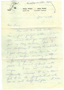 slightly yellowed letterhead stationary of Florence and George Woodard, including small map in upper left-hand corner of location of house off highway between Plainfield and Marshfield, VT. cursive handwriting in blue pen.