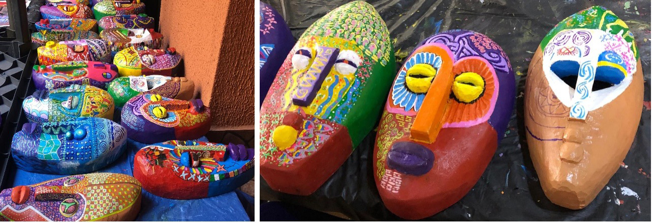two photos of various wooden masks in a variety of bright colors. the masks resemble elongated faces with exaggerated features.