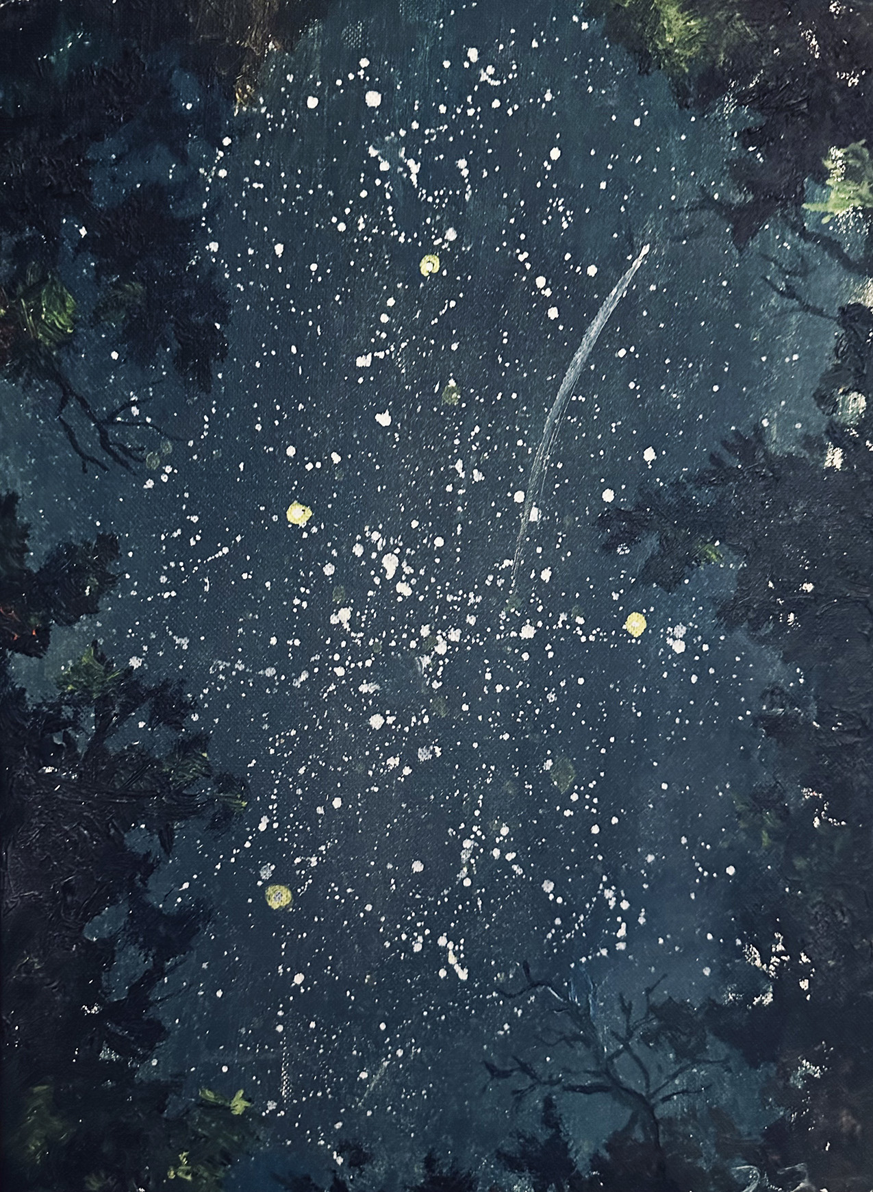 a navy blue painting of a paint-splattered starry sky, the composition framed by dark trees as viewed from below; a smear of white paint resembles a shooting star