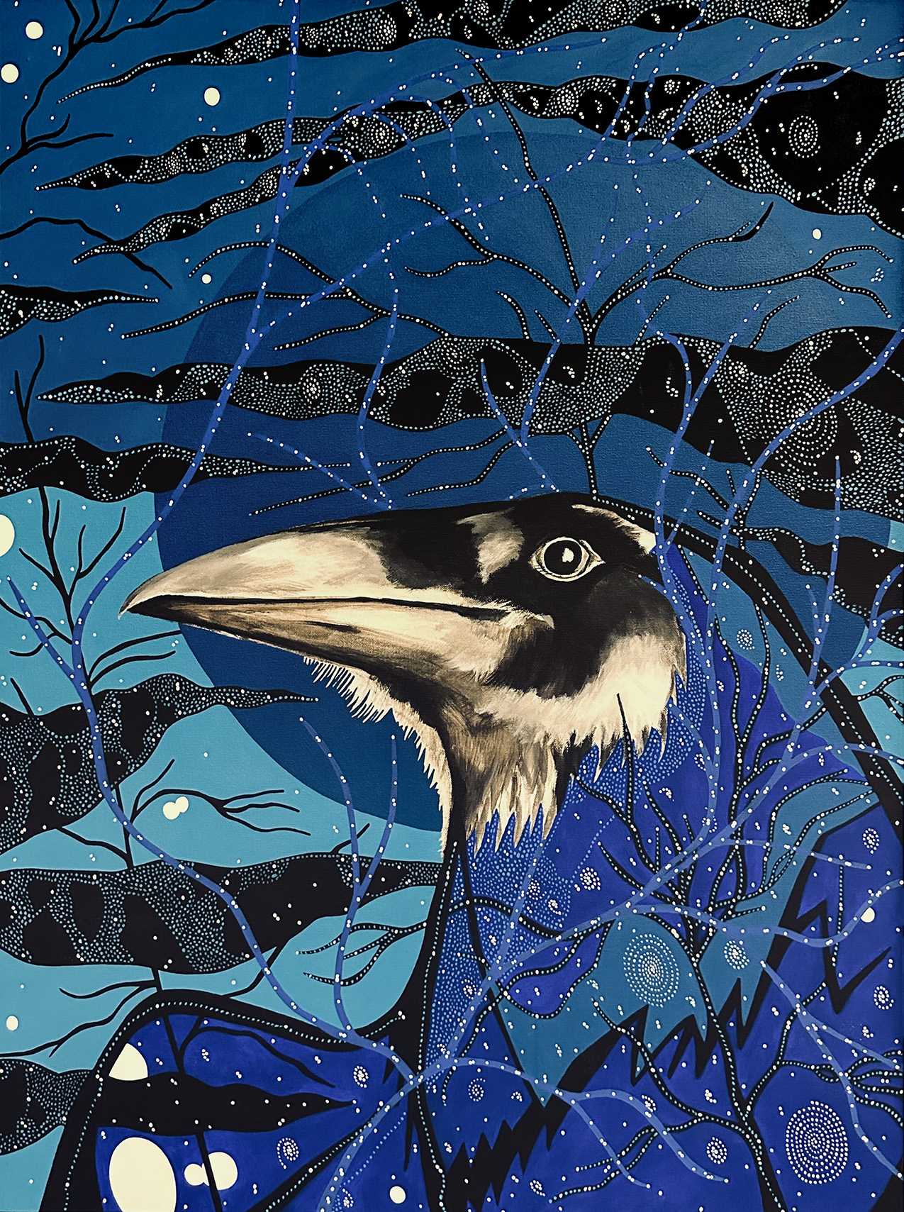 painting: the face of a crow stands out while its body becomes part of the swirling light blue, dark blue, and black background, featuring white dots in spiral, branching, and swirling patterns