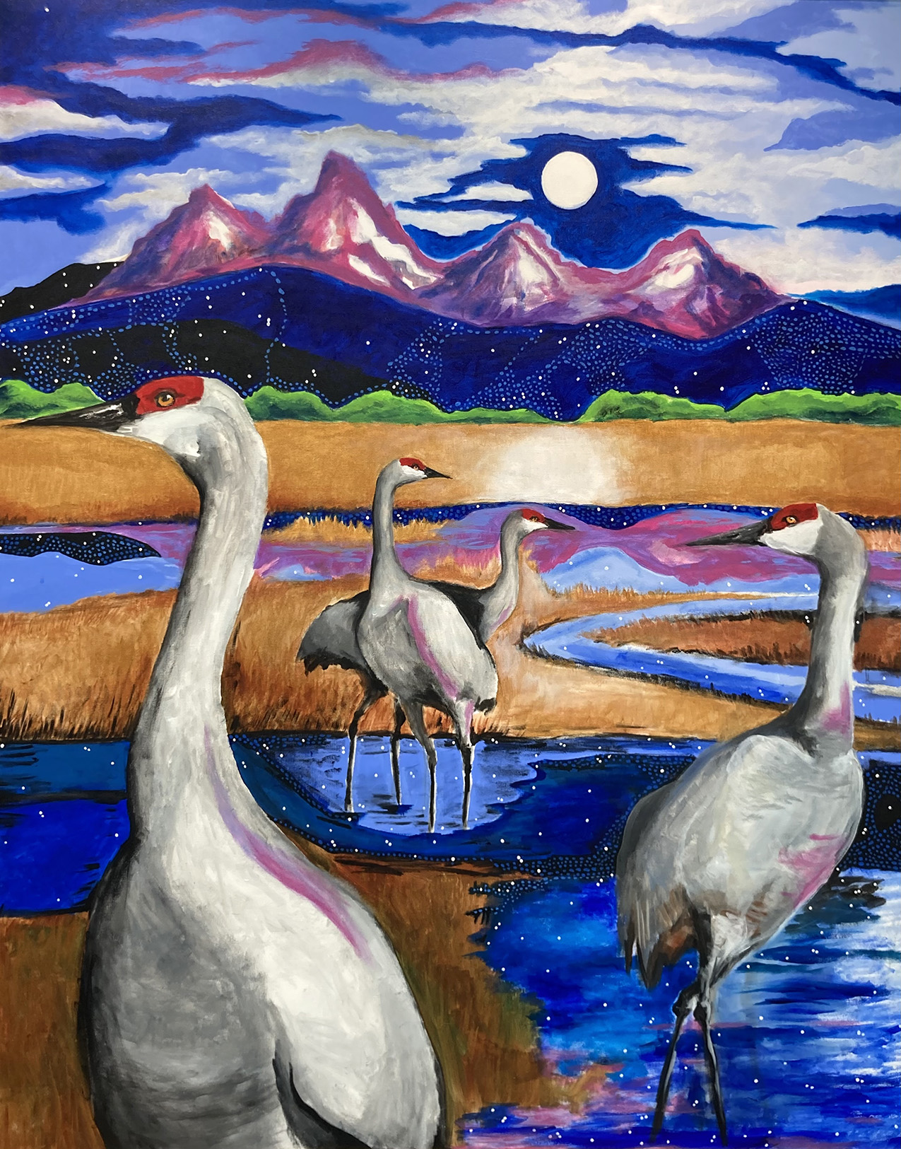 painting: four sandhill cranes stand in the foreground of a color landscape of blue water reflecting the starry sky and brown marshy areas at the base of the Tetons; a full moon peeks through the clouds and there are points of light like stars dotting the foothills