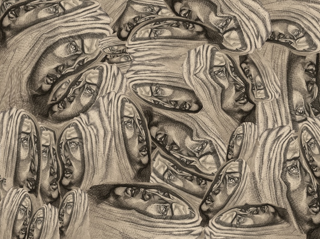 a grayscale drawing on tan paper of a distressed woman's face repeated randomly and distorted in a psychedelic way