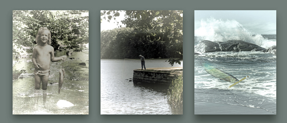 triptych: left panel: black and whit ephoto of a child in their underwear holding a fish they caught, layered on top of a photo of a stream; center panel: a shot of an adult man in the distance fishing off a rock; right panel: an image of a fish with a pencil in its mouth layered over waves crashing on a rock