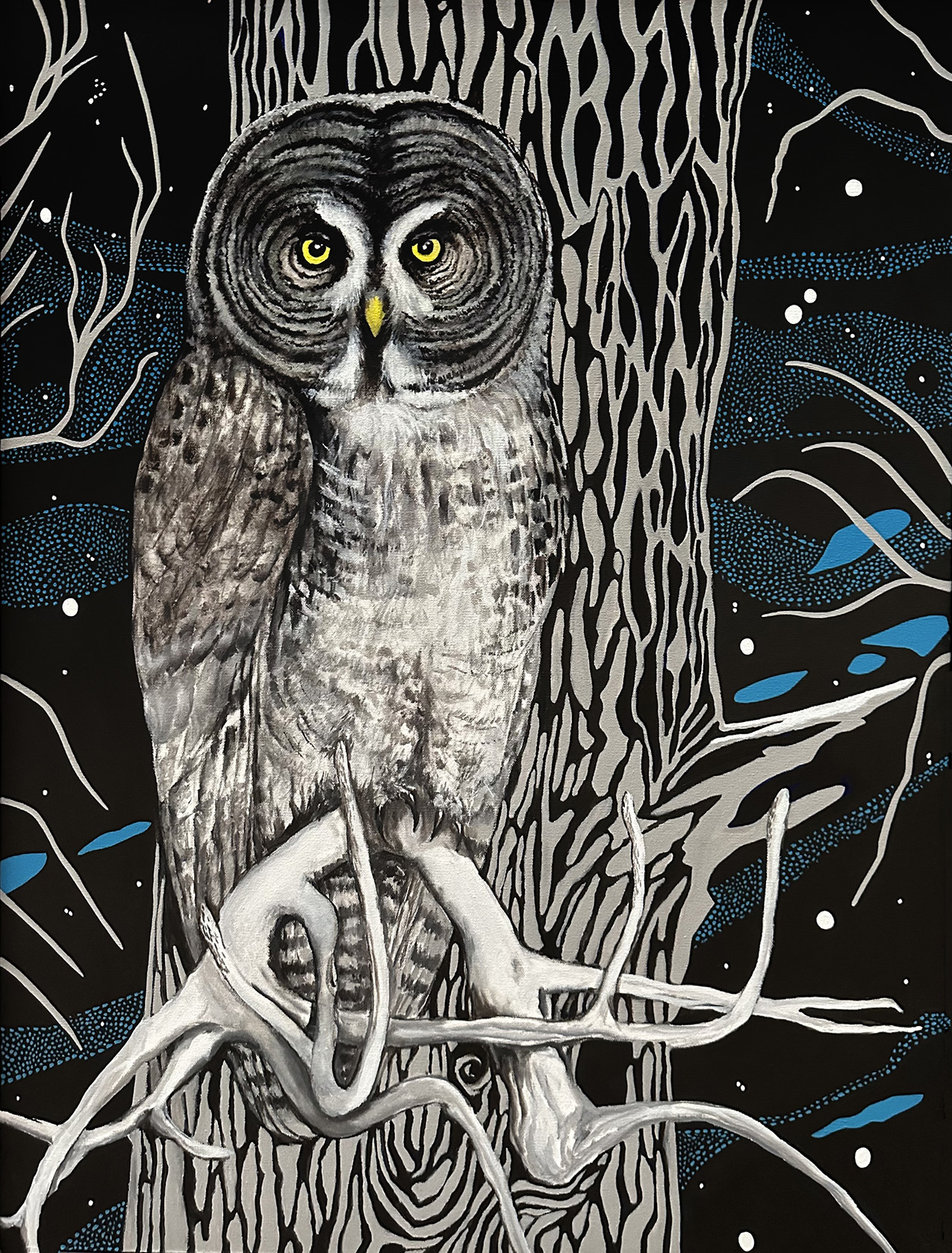 painting of a Great Gray Owl on a bleached tree branch with a dark background of swirling stars