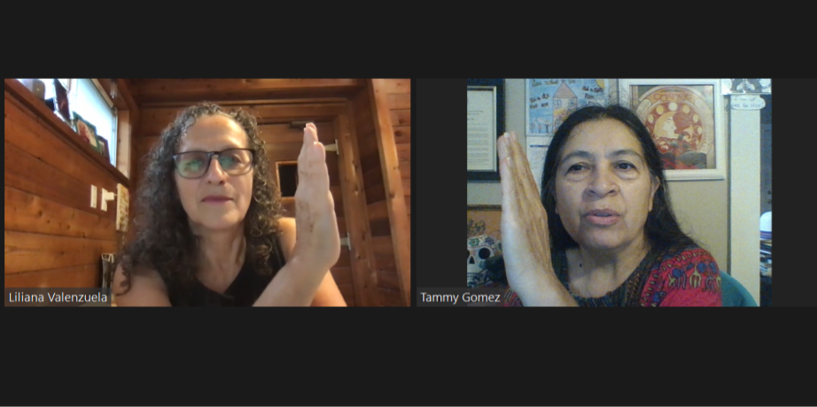 screengrab of a Zoom video: Liliana Valenzuela on left, Tammy Gomez on right, holding out their hands with palms facing the other person