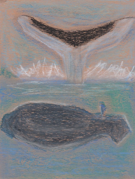 a chalk drawing of simplified shapes depicting a dark figure under water in the foreground and a whale tail breaching the water in the background