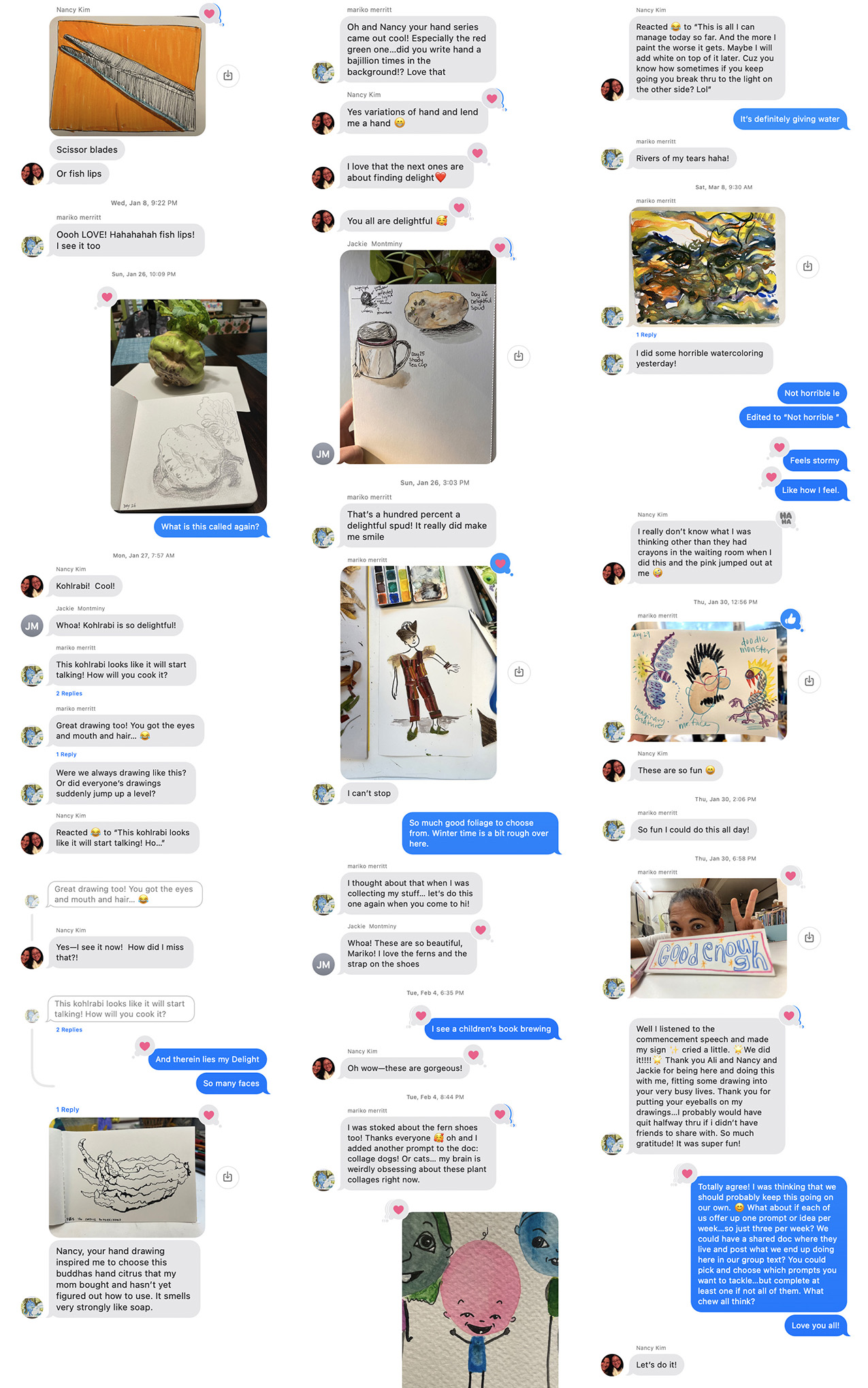 Screen shots of a group text exchange featuring handmade art (watercolor, marker, colored pencil, ink, pencil, collage)