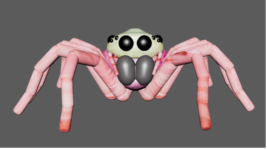 a 3d-rendered spider with a pale green upper portion, light pink legs, and black eyes on a gray background