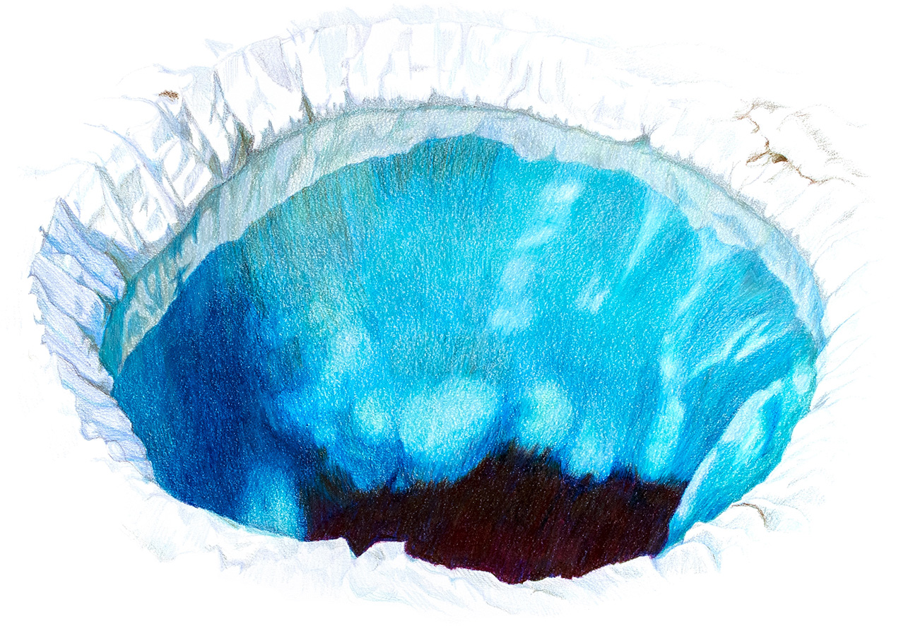 a blue hole drawn with colored pencil, isolated on white paper. the hole is blue and resembles a hole in thick ice, with a dark void in the area beyond the ice.