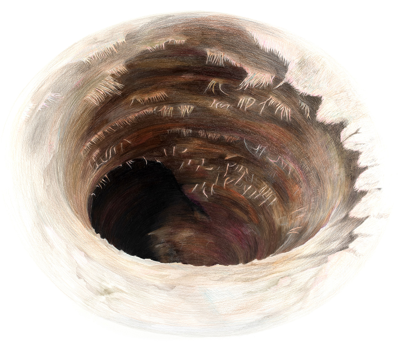 a brown hole drawn in colored pencil, isolated on a white background. the hole appears to recede into the earth but has a spiraling, tornado-like quality to it as it reveals layers of earth and a dark void below.