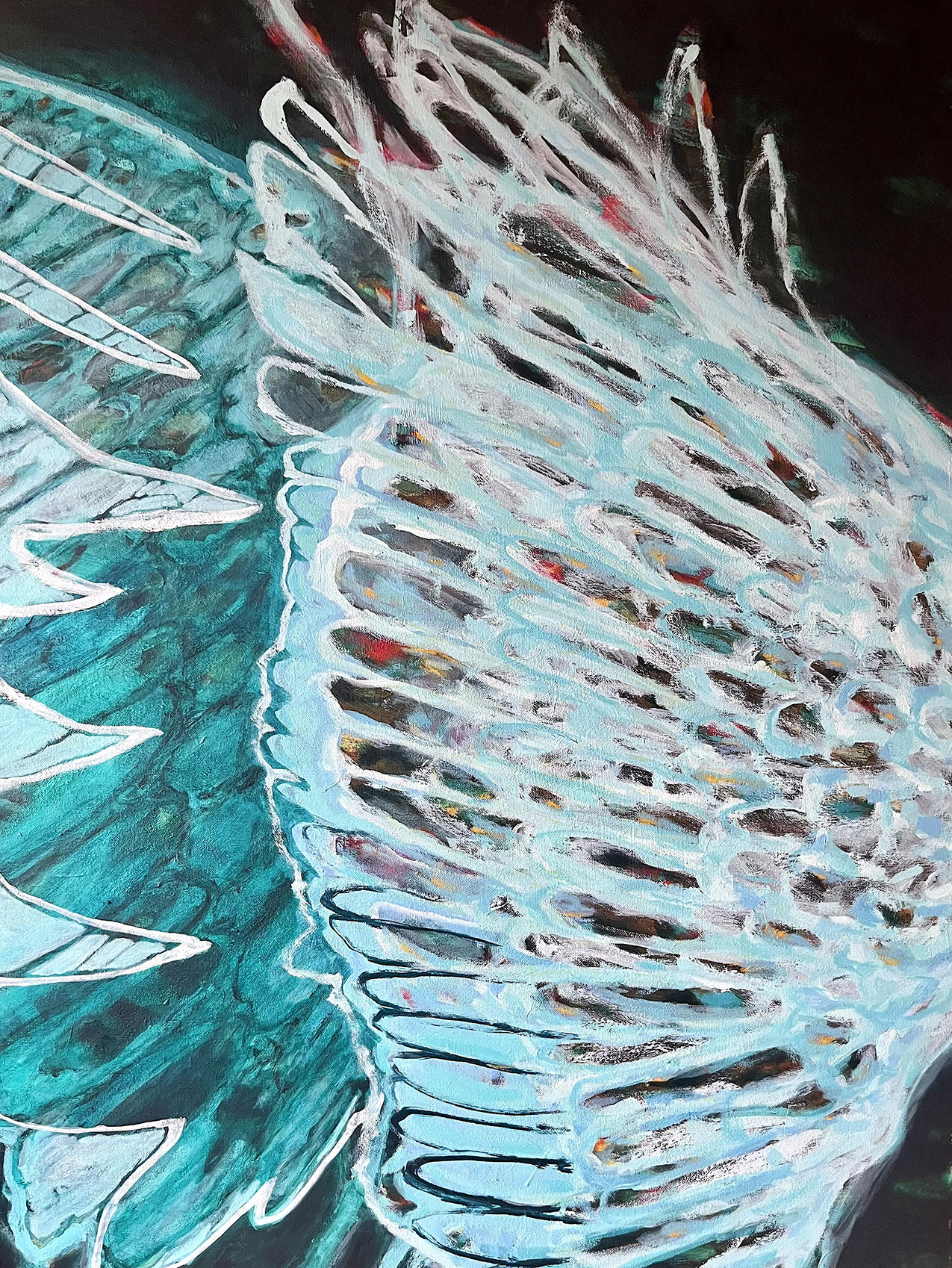 oil painting in predominantly teal and light blue, with a black background. close crop on two stylized wings. feathers are made of negative space with other bright colors peeking through.
