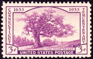 3-cent postage stamp: horizontal format, purple ink on off-white paper, featuring a stately oak tree. text on the stamp: 1635 1935, Connecticut, Tercentenary, The Charter Oak, United States Postage, 3¢