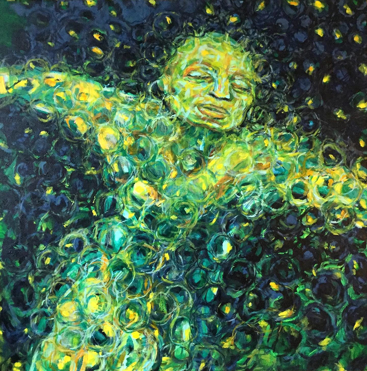 oil painting of an abstracted human figure with arms outstretched, created by a series of painted circles. the body glows yellow/green on a dark blue/black background, and points of light surround the air around the figure.