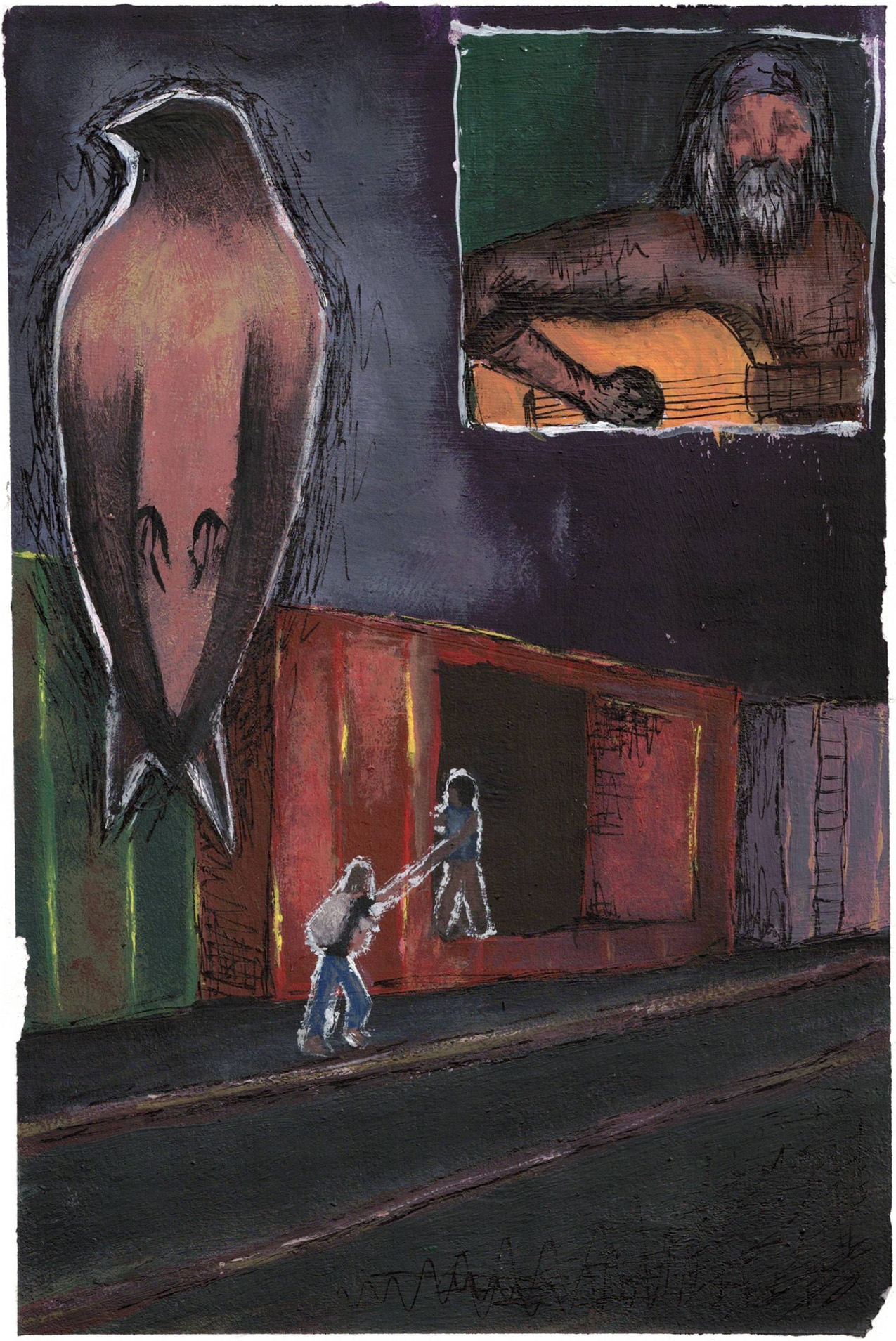 acrylic painting in dark jewel tones. simplified shapes represent railroad tracks and a human figure in a red boxcar reaching out to help up another person wearing a backpack. a large bird overlays the image in the upper left, and in the upper right an inset box features an abstracted man playing an acoustic guitar.