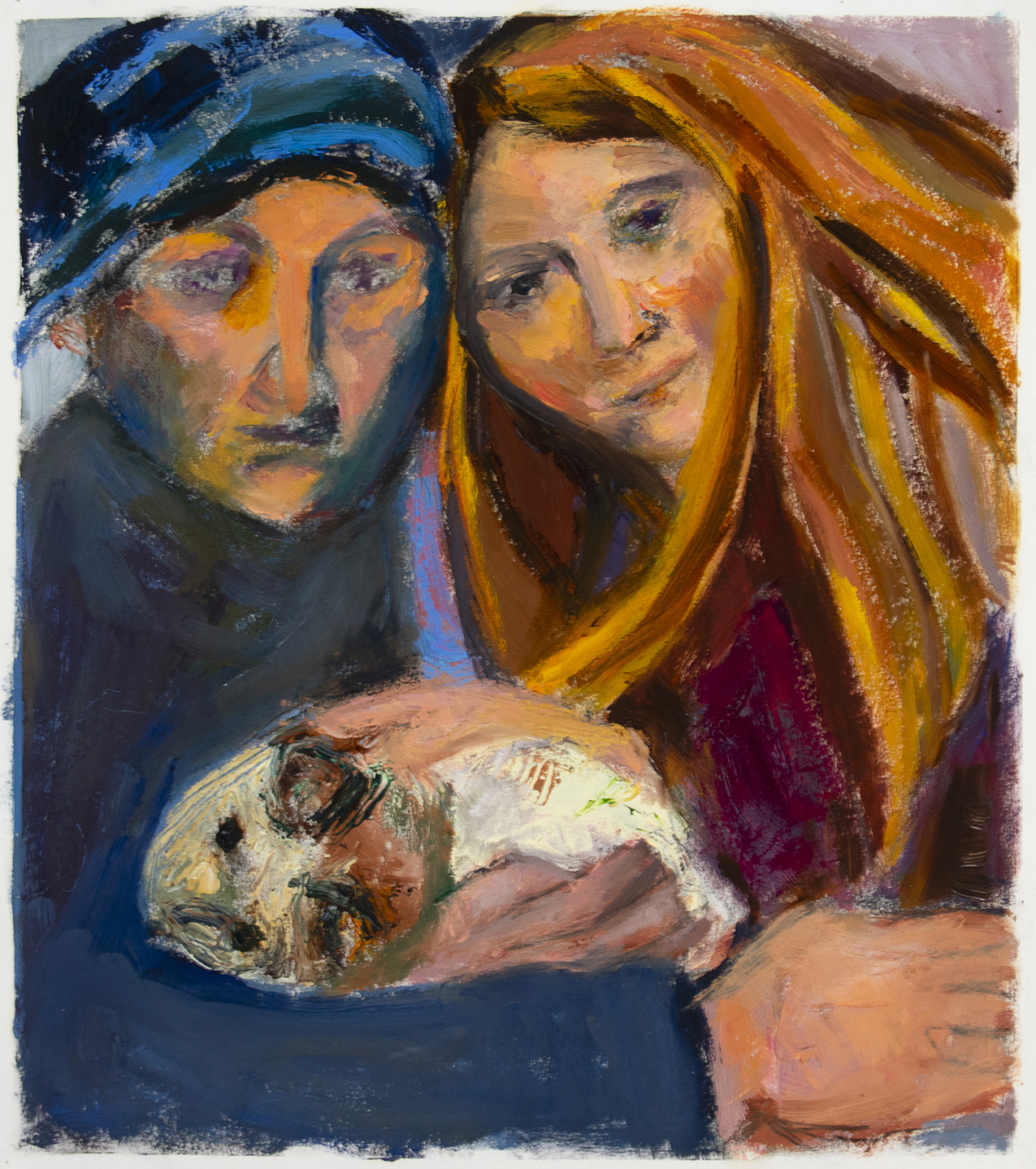 brightly colored oil painting of a boy in blue and a girl in purple-red huddled together holding a calico cat