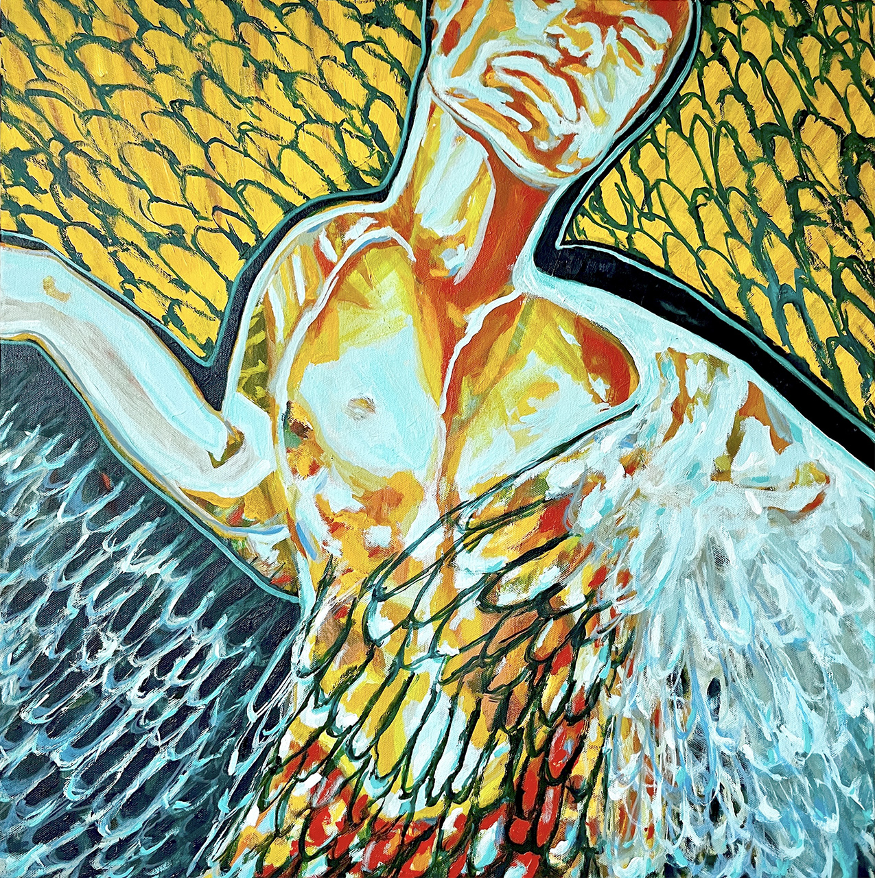 dynamic human figure painted in yellow, orange, red and white, with teal and light blue wings, and a yellow and teal background pattern of feather-like shapes.