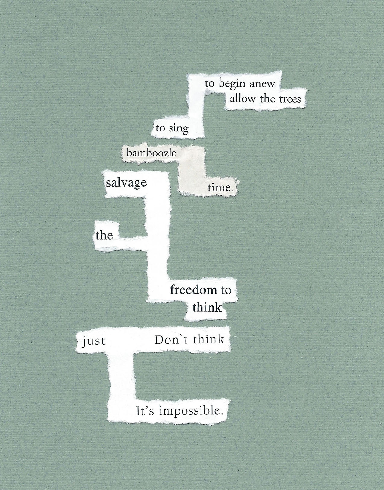 found words on white paper torn and placed on sage green paper. the resulting poem reads: to begin anew / allow the trees / to sing / bamboozle / salvage / time. / the / freedom to / think / just   Don't think / It's impossible.