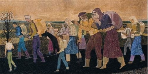 painting of many people walking from right to left in a barren landscape, carrying large packs. the woman in the foreground covers her mouth with her hands while an old man speaks to her, leaning on his cane and gesturing in the direction they are walking.