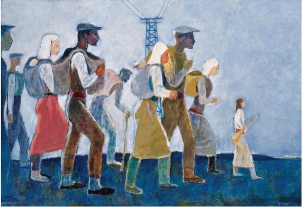 colorful painting of many people walking from left to right, wearing backpacks and hats or head coverings, on an abstract blue background with a power line peeking out in the center