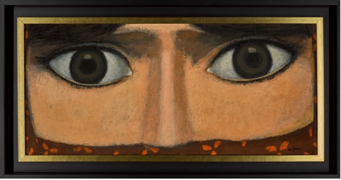 a closely-cropped painting of a woman's eyes and the bridge of her nose; her brow is slightly furrowed. slivers of patterned fabric around the edges indicate that this is the only part of her face visible beneath her head covering.