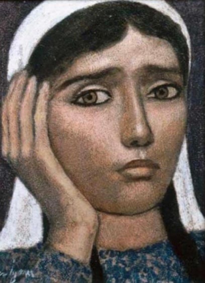 closely-cropped painting of a woman's face with hand cupped on one side; she looks away from the viewer and her lips are pursed