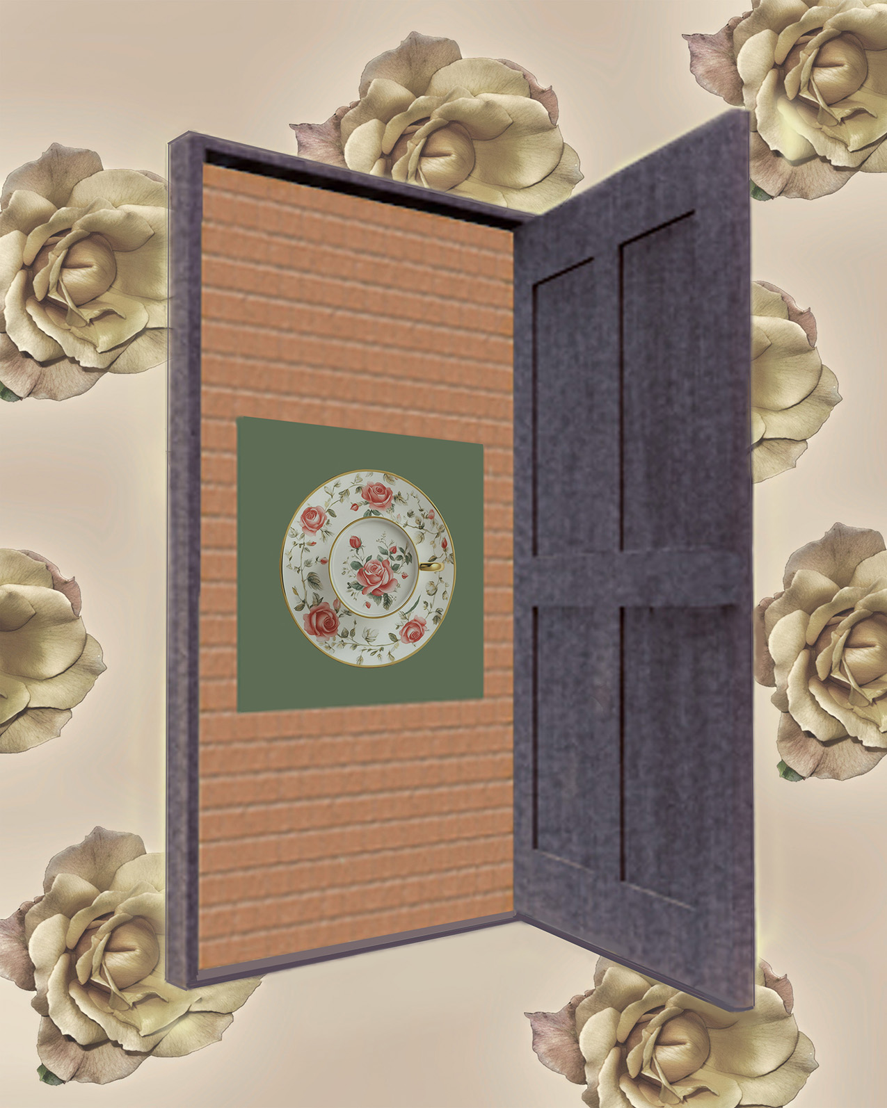 digital rendering of a floral plate on a green placemat attached vertically to a brick wall that is inside a door frame with the door open to the right. old-fashioned wallpaper-like flowers in shades of tan make up the background.