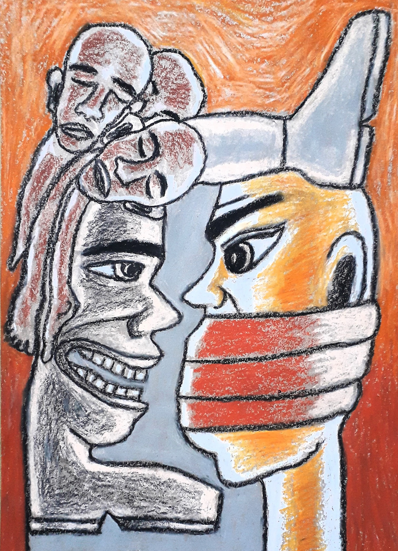 oil pastel in a political satire style. a grinning gray face on the left has a foot coming out of the top of his head, and a foot in place of his body. his hair is made of 3 sleeping brown bodies. the right face is shaded with orange and has red fabric tied tightly around his mouth.