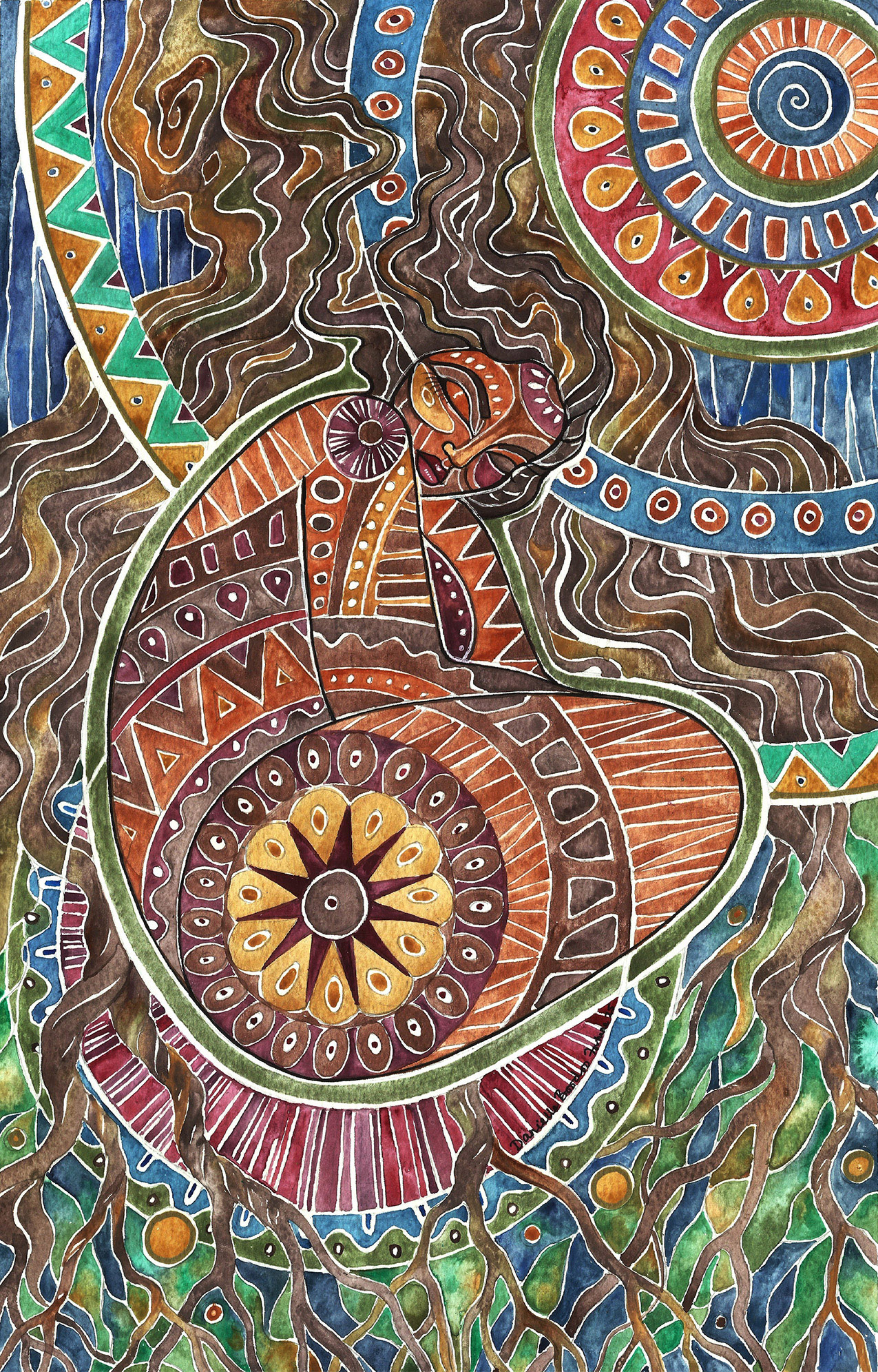 colorful watercolor drawing of a woman made of concentric geometric patterns and flowing brown hair that twists into shapes resembling tree roots or branches. the woman is crouched with her eyes closed; the upper right circle emulates a sun or moon.