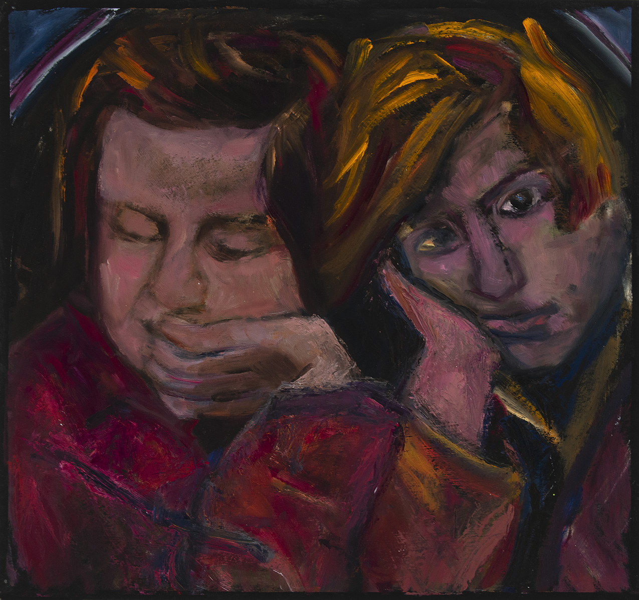 dark colored oil painting of two young people; the figure on the left is wearing a red coat, looking away from the camera and resting her hand on her mouth; the figure on the right is looking at the camera while resting their head on their palm.