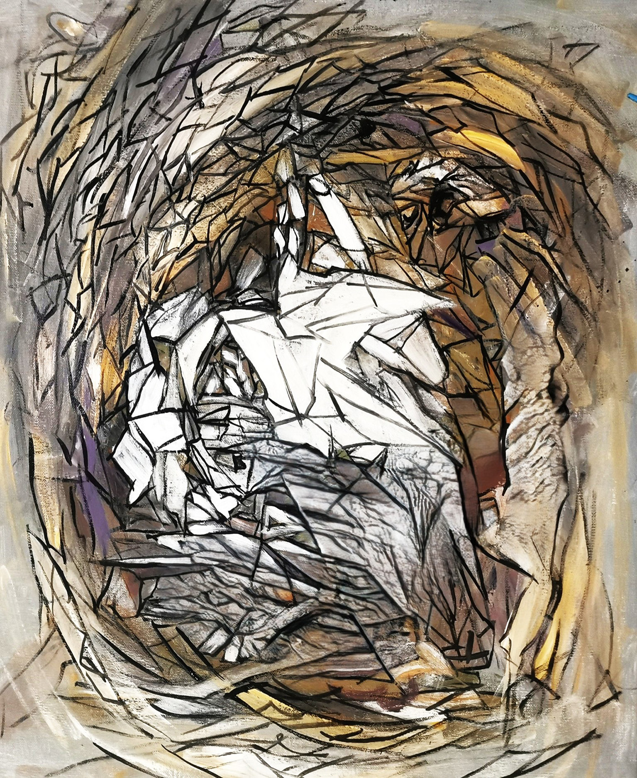 abstract painting of fragmented diamond-like shapes outlined by black lines; the layout is circular, with the outer edges tan and brown, and the center white