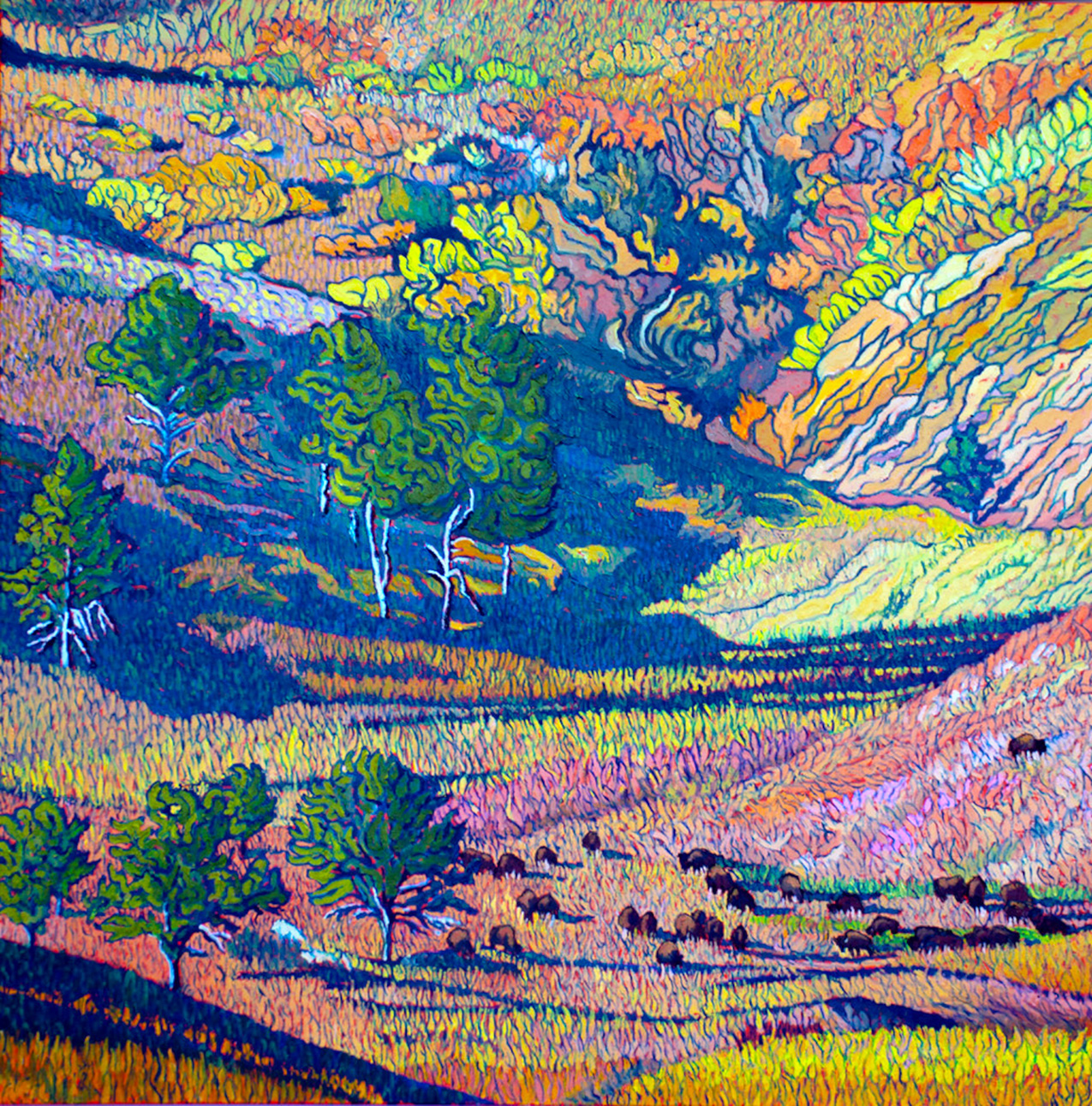 technicolor-style oil painting with a multitude of fine lines represents a valley full of colors and patterns, with buffalo grazing at the bottom, long shadows and the warm palette are indicative of sunset