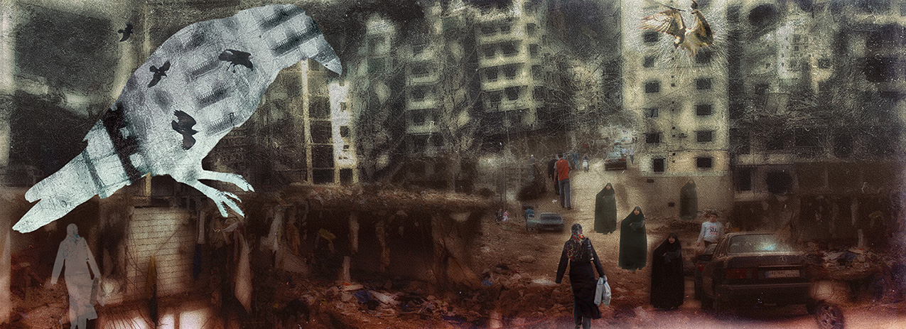 dark and muddy photo collage of people walking on a city street amongst cars and litter; some buildings are slightly askew; a superimposed crow silhouette hovers in the upper left