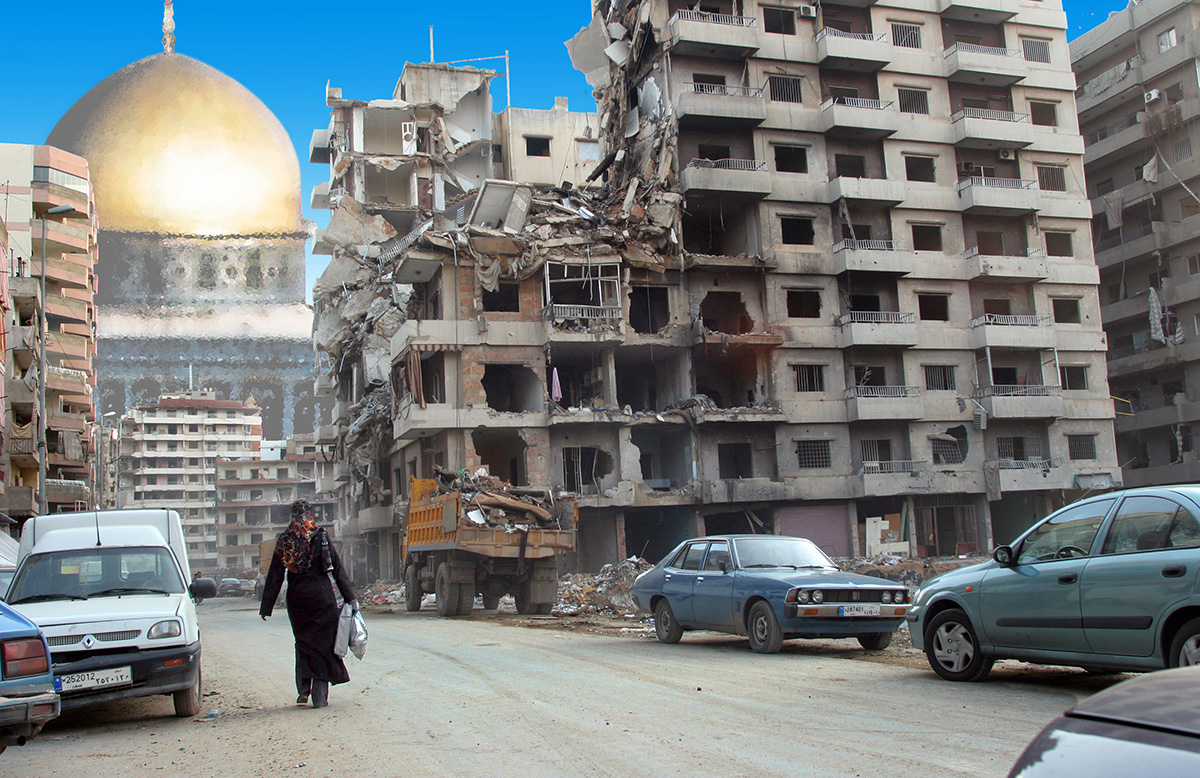 digital photo collage: a woman wearing black and a colorful head scarf walks away from the viewer down a street between cars, bombed out buildings, and rubble toward a superimposed Dome of the Rock looming on the skyline